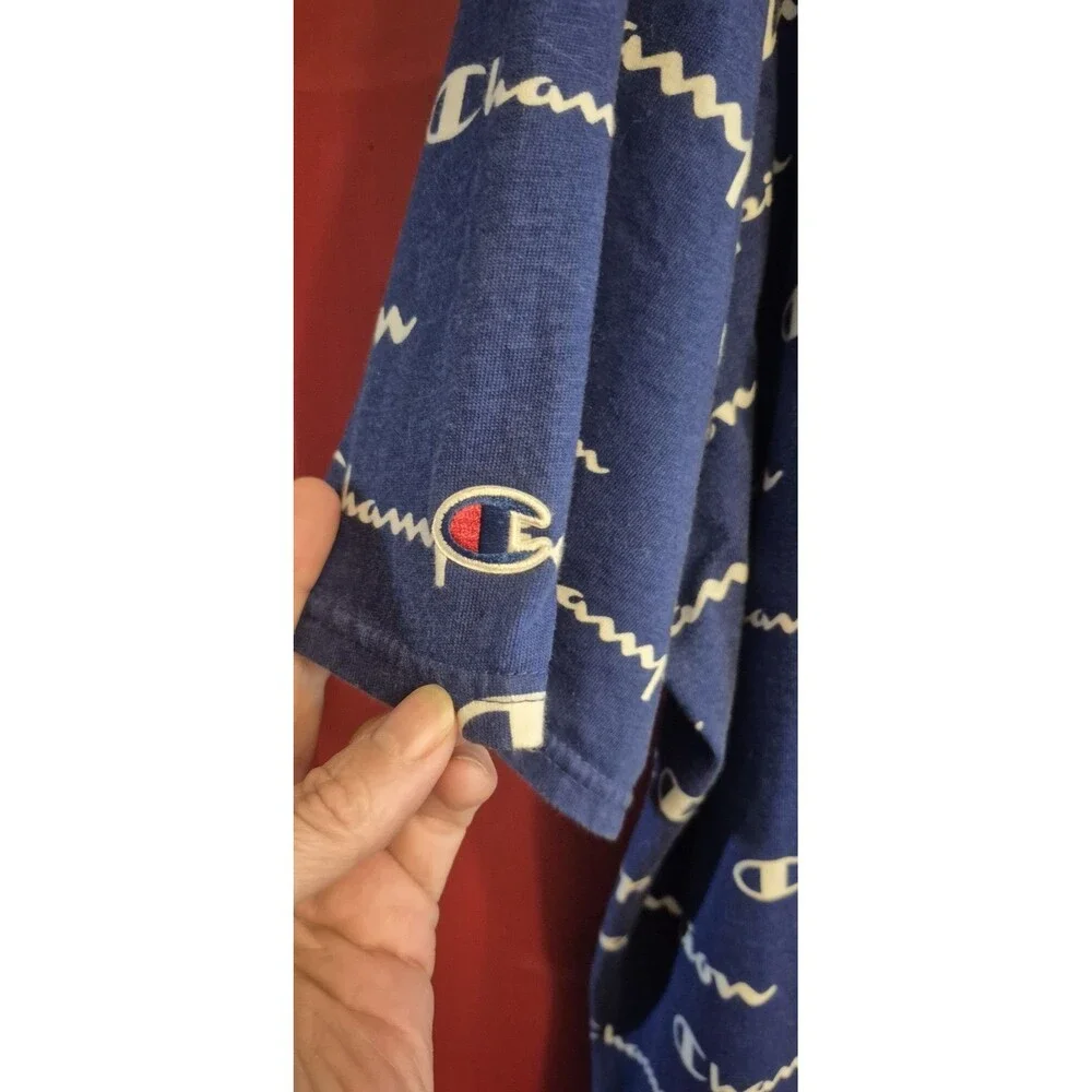 Champion Mens 2XL LIFE T-Shirt Blue All Over Print Logo Heritage 100% Cotton Tee - Picture 4 of 4